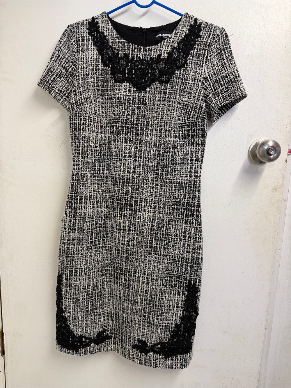 KARL LAGERFELD Women's Black & White Tweed Shift Dress with Lace Trim